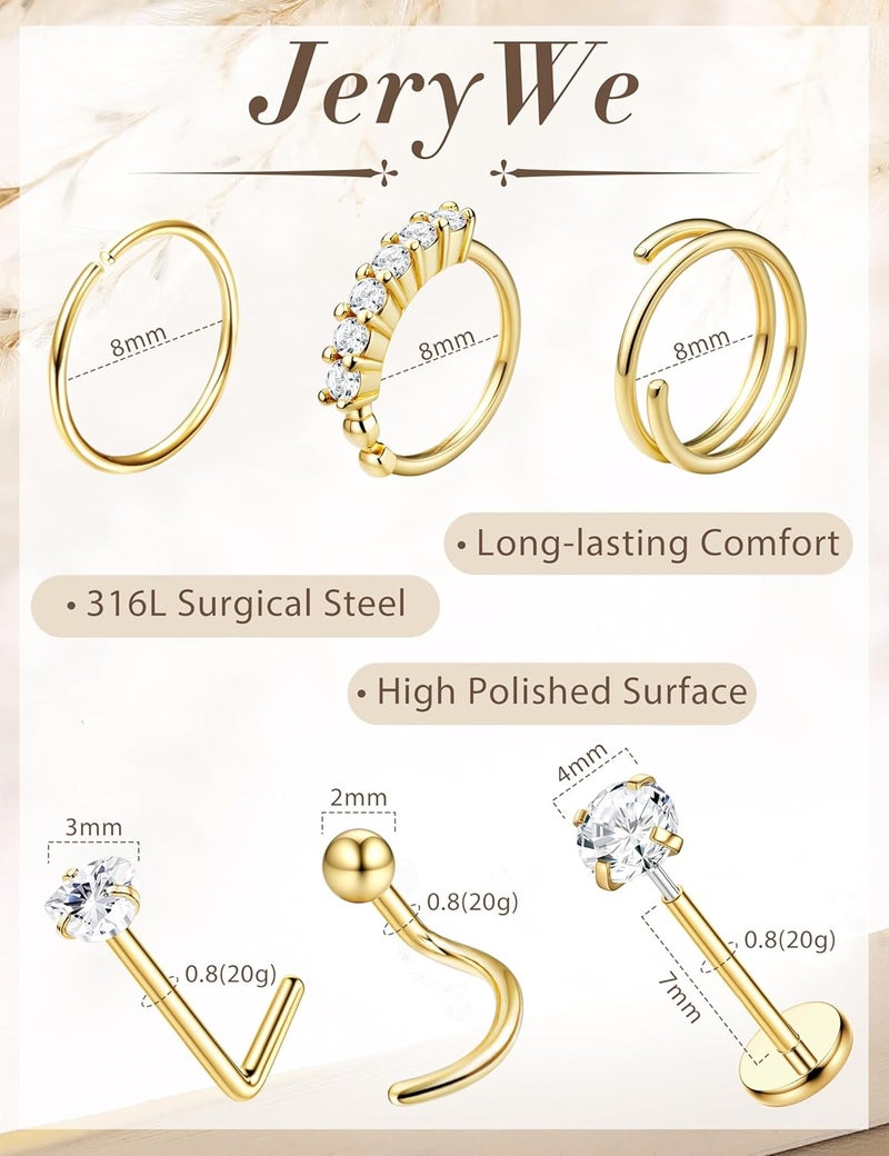 JeryWe Nose Rings for Women - 14K Gold Filled Hypoallergenic Surgical Steel Nose Ring Hoops CZ Lip Ring Screw L Shaped Studs Threadless Flat Back Stud Nose Piercings Jewelry for Women Men - Image 5